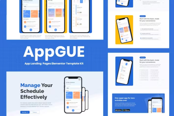 AppGUE – 移动应用展示 Elementor Pro 模板套件-极客小站