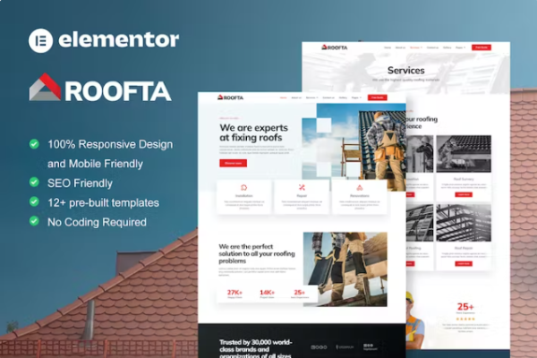 Roofta – 屋顶服务 Elementor 模板套件-极客小站