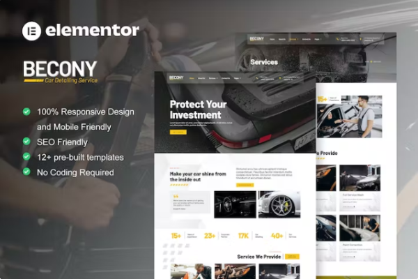 Becony – 汽车美容服务和汽车维修 Elementor 模板套件-极客小站