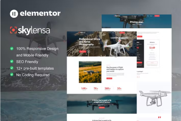 Skylensa – 航空摄影和摄像 Elementor 模板套件-极客小站