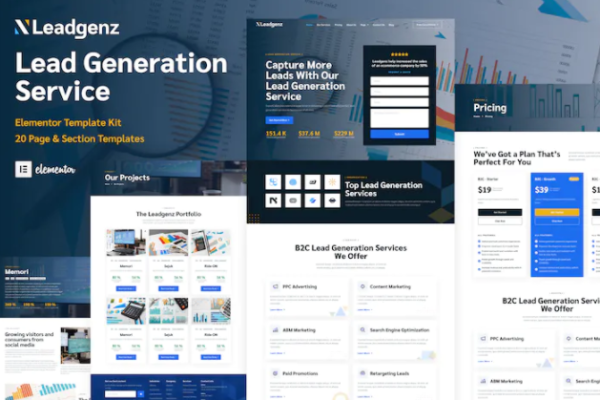 Leadgenz – 潜在客户生成和销售代理 WordPress Elementor 模板套件-极客小站