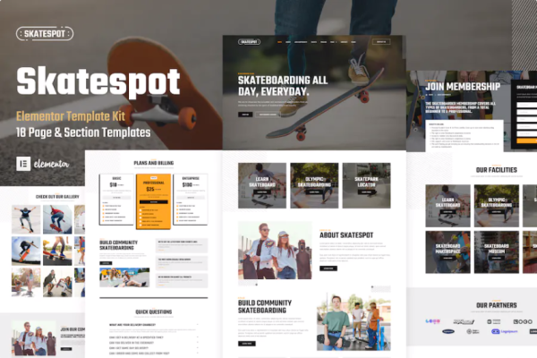 Skatespot – 滑板社区和滑板公园 Elementor Pro 模板套件-极客小站