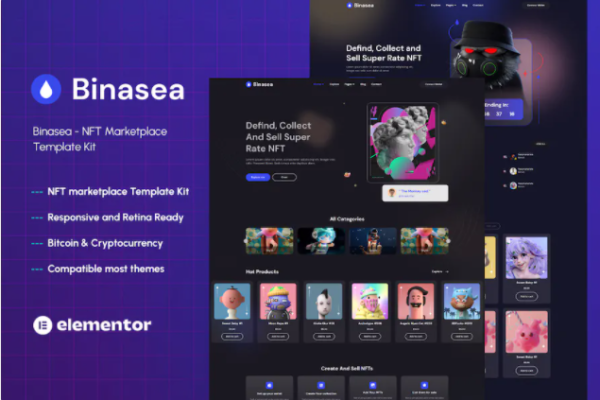 Binasea – NFT 市场 Elementor 模板套件-极客小站