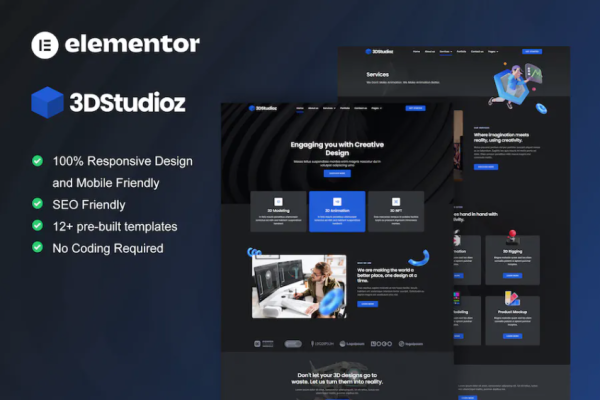 3dstudioz – 3D 设计和动画工作室 Elementor 模板套件-极客小站