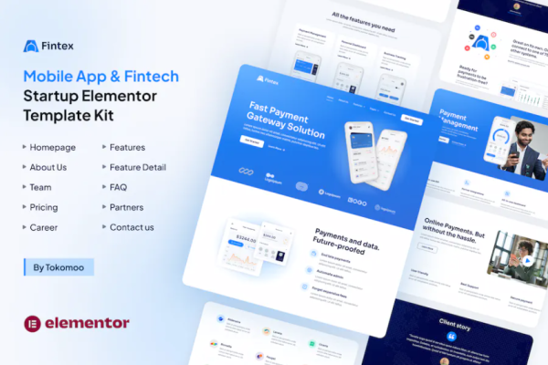 Fintex – 移动应用和金融科技初创公司 Elementor 模板套件-极客小站