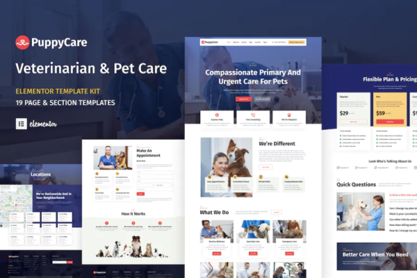 PuppyCare – 兽医和宠物护理 WordPress Elementor 模板套件-极客小站