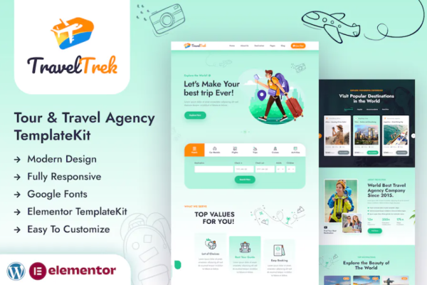 Travel Trek – 旅游和旅行社 Elementor 模板套件-极客小站