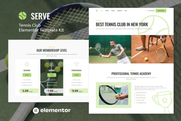 Serve– 网球学校和运动俱乐部 Elementor 模板套件-极客小站