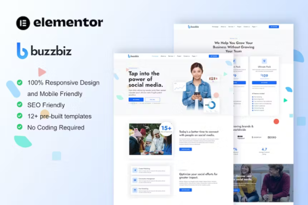 BuzzBiz – 社交媒体营销机构 Elementor Pro 模板套件-极客小站