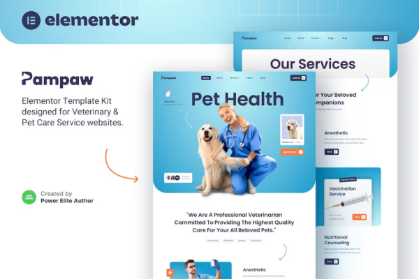 Pampaw – 兽医和宠物护理服务 Elementor 模板套件-极客小站