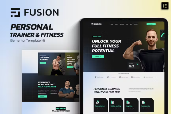 Fusion – 私人教练和健身元素模板套件-极客小站