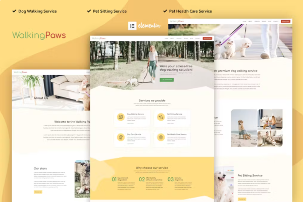 Walking Paws – 遛狗和宠物服务 Elementor 模板套件-极客小站