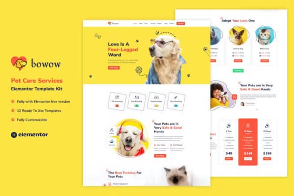Bowow – 宠物护理服务 Elementor 模板套件-极客小站