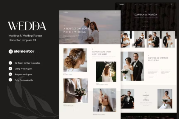 Wedda – 婚礼和婚礼策划师 Elementor 模板套件-极客小站