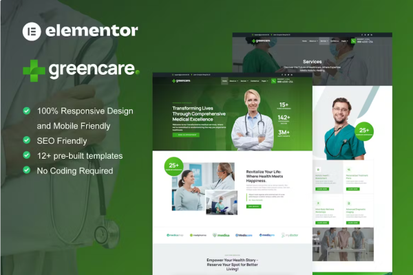 GreenCare – 医疗服务 Elementor Pro 模板套件-极客小站