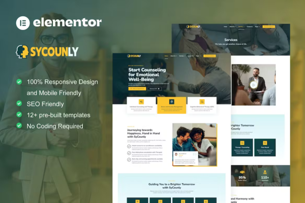 Sycounly – 心理学和咨询服务 Elementor Pro 模板套件-极客小站