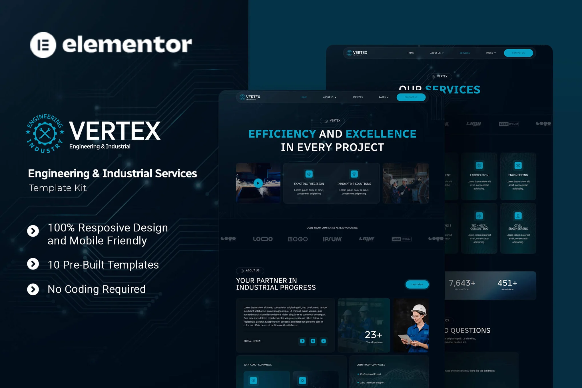 Vertex – 工程和工业服务 Elementor 模板套件-极客小站