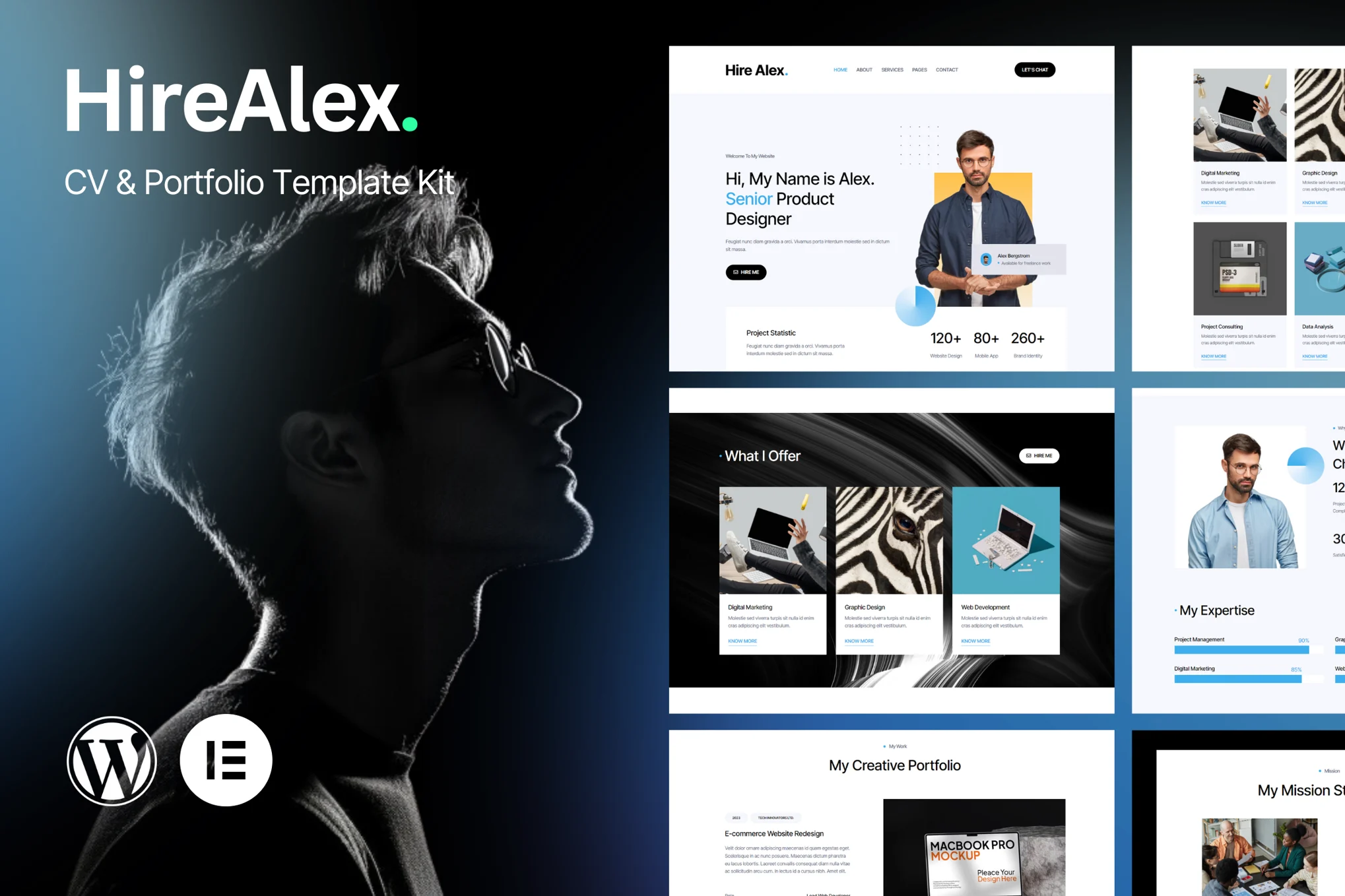 HireAlex – 简历和作品集 Elementor 模板套件-极客小站