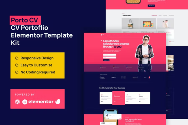 Porto CV – 投资组合个人 Elementor Pro 模板套件-极客小站