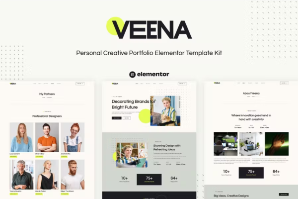 Veena – 个人创意作品集 Elementor 模板套件-极客小站